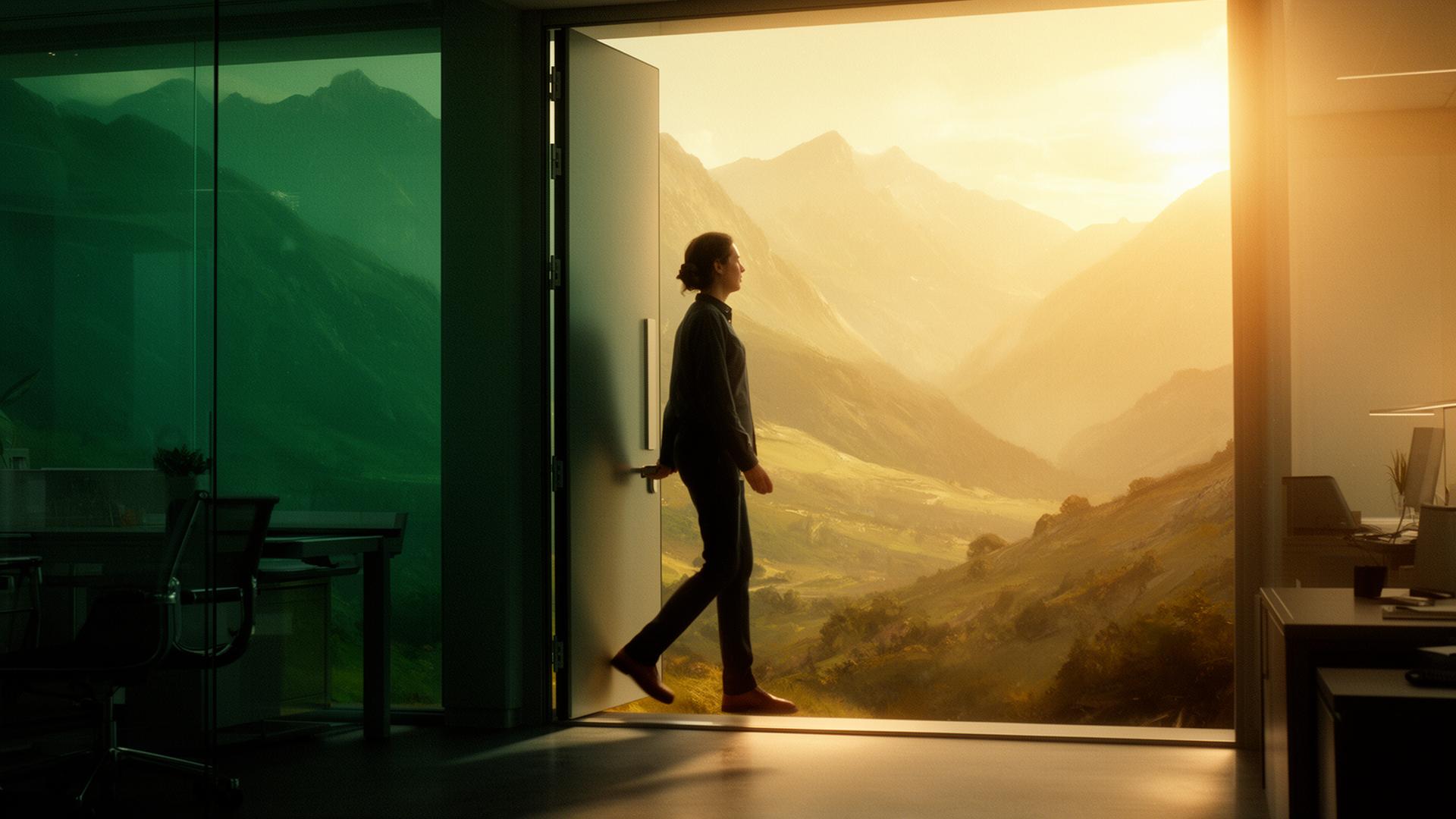 A professional stepping from a corporate office through an open door into a sunlit mountain landscape